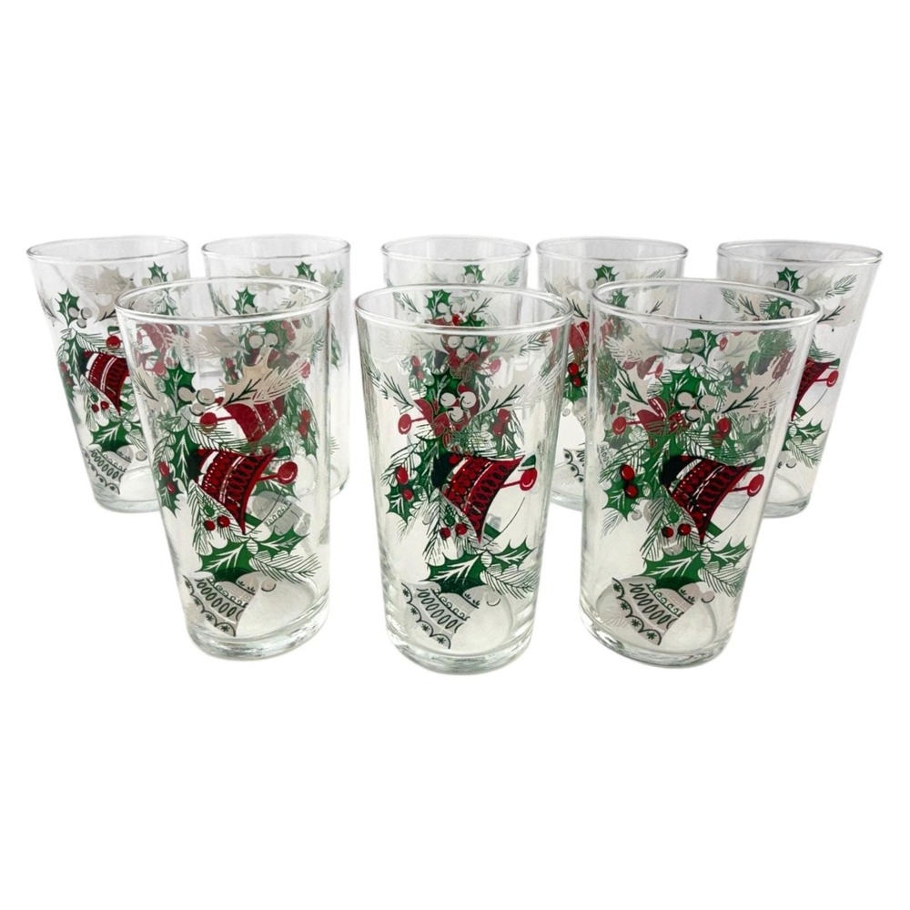 Hazel Atlas Christmas Tumblers (8) Holiday Glasses Vintage Holly & Bells 5" H